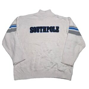 Y2K Southpole Sweater XXL White Knit Blue‎ Chenille Logo Striped Sleeve Vintage